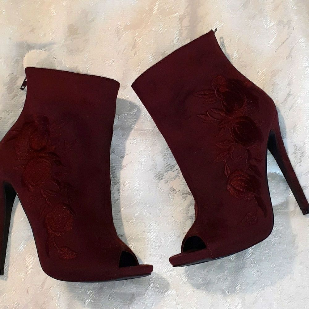 Peep toe burgundy stiletto booties